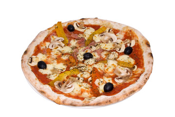 Pizza with ham, mozzarella, peppers, mushrooms and olives