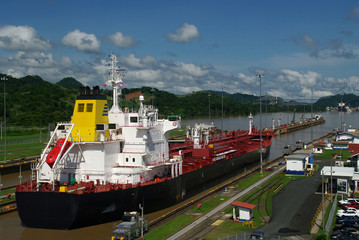 Boat entering the Panama Canal at Miraflores