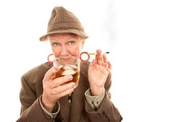 Senior woman in drag with cigarette and alcohol