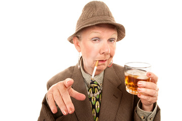 Senior woman in drag with cigarette and alcohol