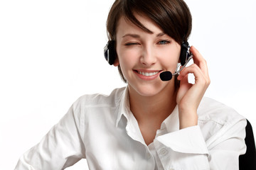 winking woman operator with headset