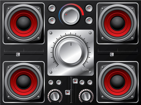 Red speakers with amplifier and knobs