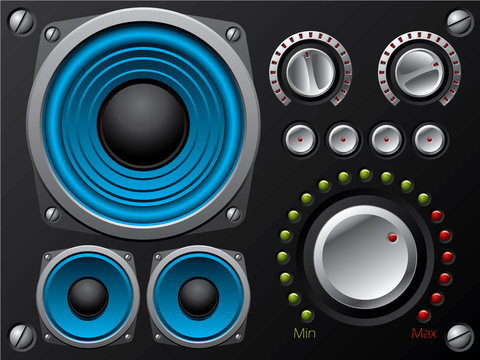 Blue speakers with amplifier and knobs