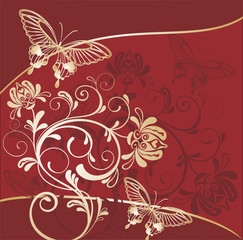 red floral background with golden butterflies