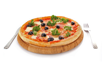 Tasty pizza with olives isolated on white