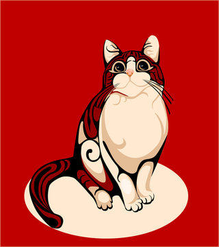 stripped cat over red background