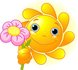 .Cartoon Character of Cute Summer Sun giving a flower