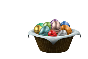 A render of a basket full of colored easter eggs over a cloth