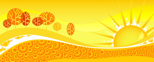 Fototapeta na wymiar Summer gorizontal banner. Red summer forest on yellow sunset.