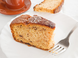 Chocolate Cake Slices with fork at Breakfast.