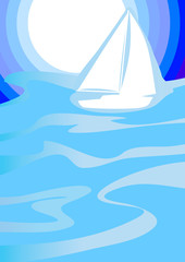 Yacht sailing to sunrise. Vector illustration.
