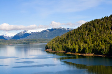 Fototapeta na wymiar Alaskan forest coastline with mountains