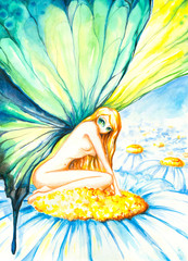 Fairy and daisy.My own watercolor painting.