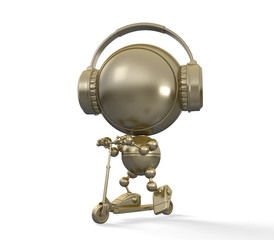 Golden robotic child in headphones drives scooter