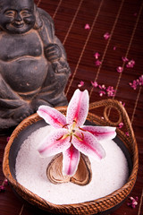 Bambusschale mit Lilie und Buddha