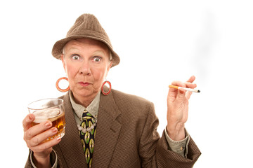 Senior woman in drag with cigarette and alcohol