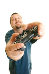 young man holding joystick