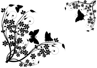 four black butterflies and flowers