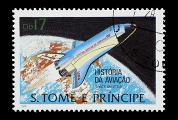 mail stamp printed in Africa featuring an orbiting Space Shuttle
