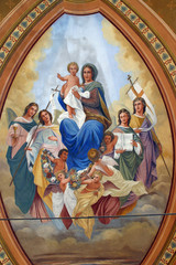 Naklejka premium Blessed Virgin Mary with baby Jesus, saints and angels