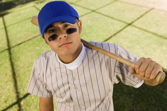 Baseball Player With Eye Black Holding Baseball Bat On Shoulder (portrait) (elevated View)