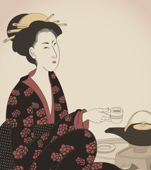 detail of a woman drinking tea- Japanese style drawing- vector