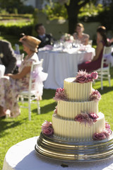 wedding cake guests at tables in background