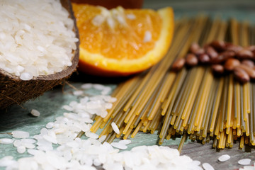 closeup with beans, pasta and fruit isolated