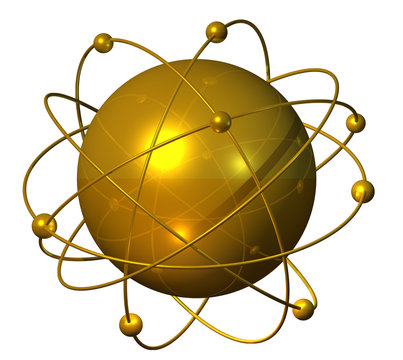 Golden atomium sphere electrons forming satellite orbit web
