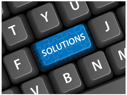 "SOLUTIONS" key on keyboard (business puzzle vector)