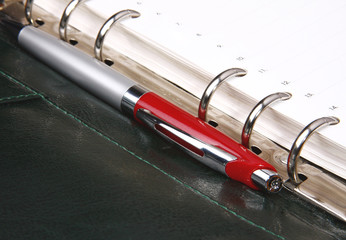 Red pen on a green leather organizer