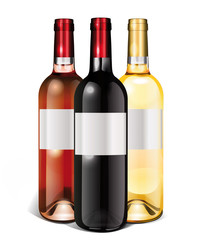 bouteilles de bordeaux rouge, rosé, blanc avec étiquette