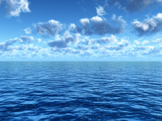 Naklejka na ściany i meble cloudy blue sky above a blue surface of the sea