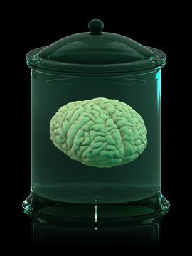 Brain in jar on black background