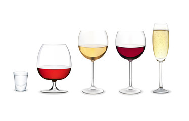 Glass of red and white wine, champagne, cognac and vodka.