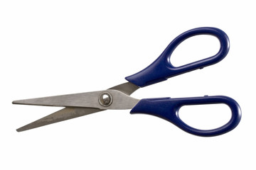 A pair of blue scissors isolated on a white background