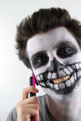 Skeleton guy talking on mobile phone