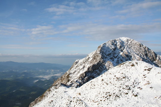 Mountains, morning fog, snow and forests