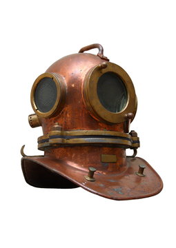 An isolated diver's copper helmet on a white background