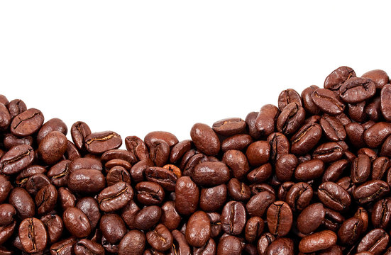 Roasted coffee beans with copy space on the top