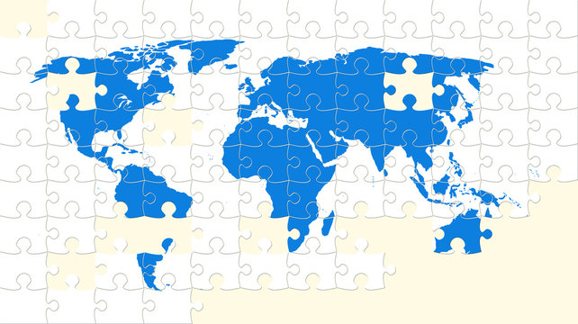 World map puzzle with missing pieces