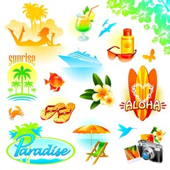 Tropical resort, travel and exotic holidays vector set