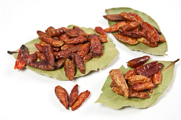 Chilli auf Lorbeerblättern