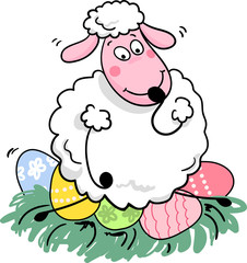 silly sheep sitting on easter eggs