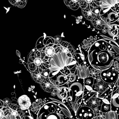 Printed roller blinds Flowers black and white vector flower background