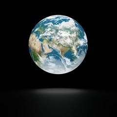 Earth model on black background with shadow. Polus view.