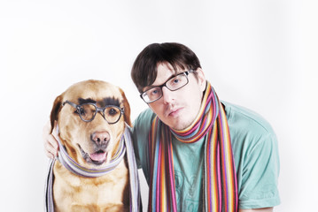 man  in glasses and dog in glasses