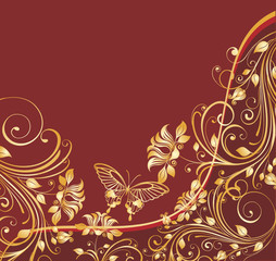 red floral background with golden butterflies
