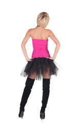 Extravagant blonde in  crown pointing.