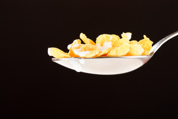 Corn flakes on the spoon with milk.